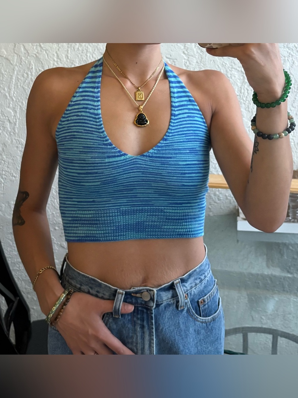 SHEIN Blue Striped Knit Halter Top - S
